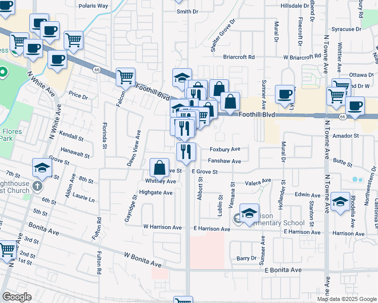 map of restaurants, bars, coffee shops, grocery stores, and more near 3112 North Garey Avenue in Pomona