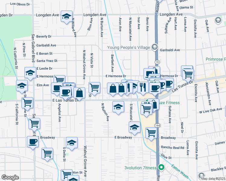 map of restaurants, bars, coffee shops, grocery stores, and more near 1245 East Las Tunas Drive in San Gabriel