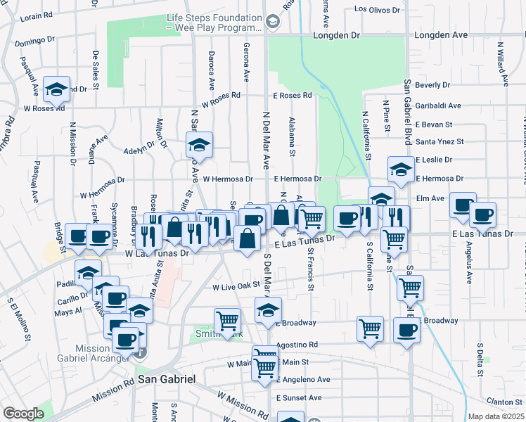 map of restaurants, bars, coffee shops, grocery stores, and more near 124 North Del Mar Avenue in San Gabriel
