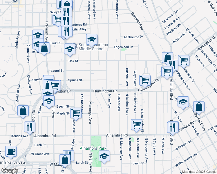 map of restaurants, bars, coffee shops, grocery stores, and more near 1807 Huntington Drive in South Pasadena
