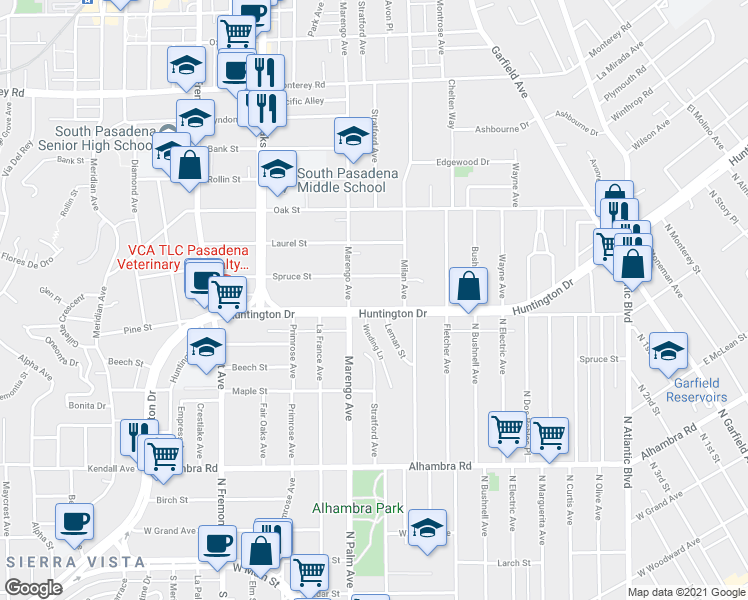 map of restaurants, bars, coffee shops, grocery stores, and more near 1711 Huntington Drive in South Pasadena