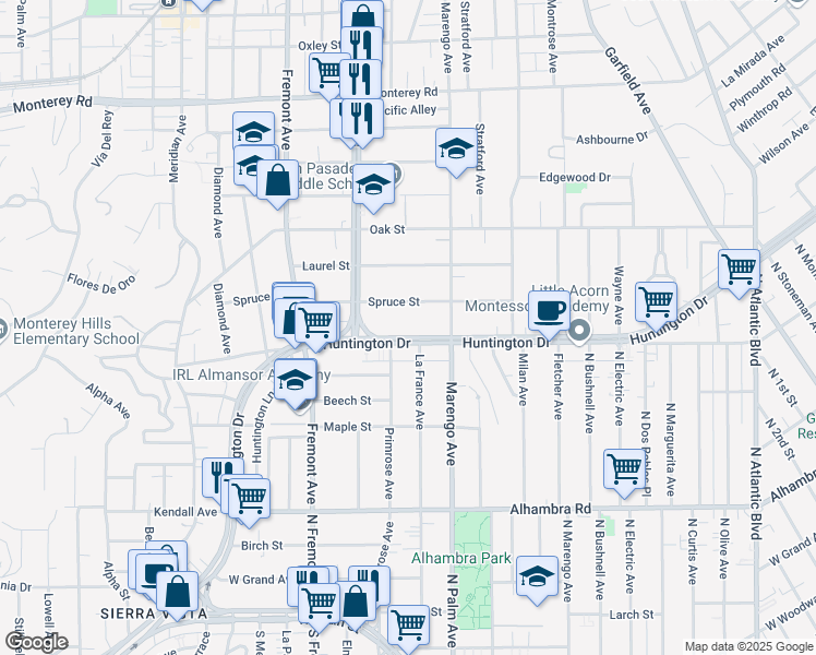 map of restaurants, bars, coffee shops, grocery stores, and more near in South Pasadena
