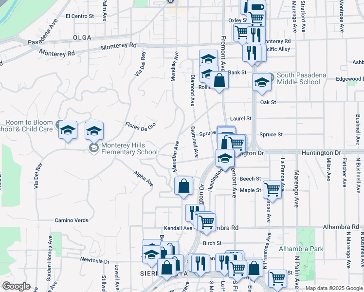 map of restaurants, bars, coffee shops, grocery stores, and more near 1124 Pine Street in South Pasadena