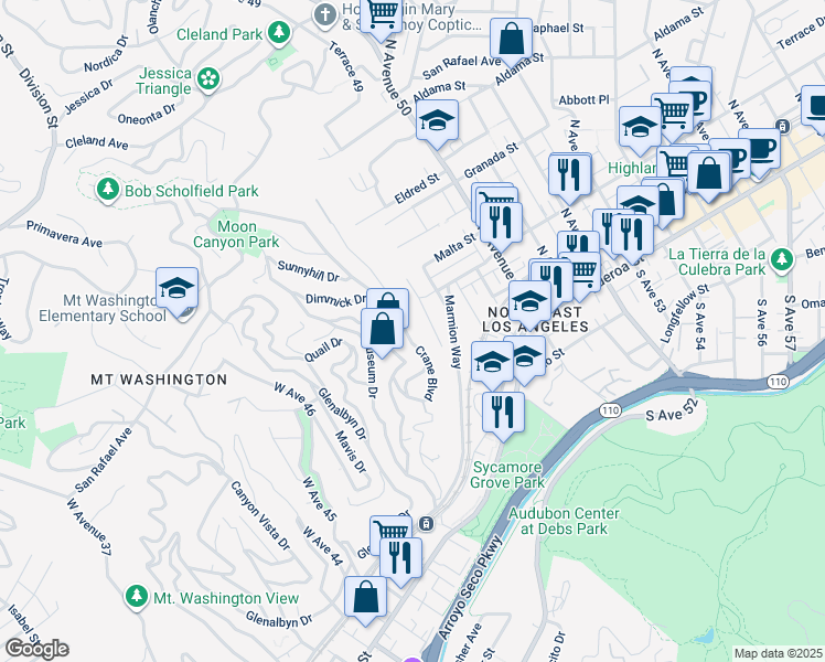 map of restaurants, bars, coffee shops, grocery stores, and more near 442 Rustic Drive in Los Angeles