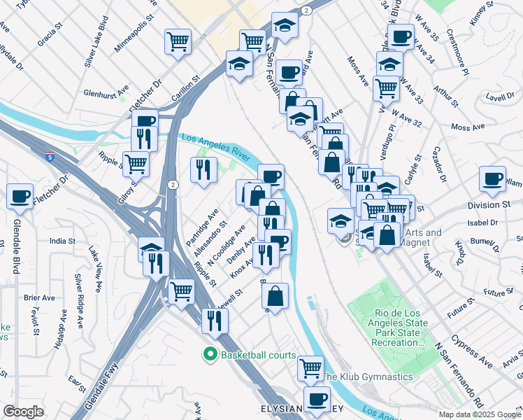 map of restaurants, bars, coffee shops, grocery stores, and more near 2926 Denby Avenue in Los Angeles