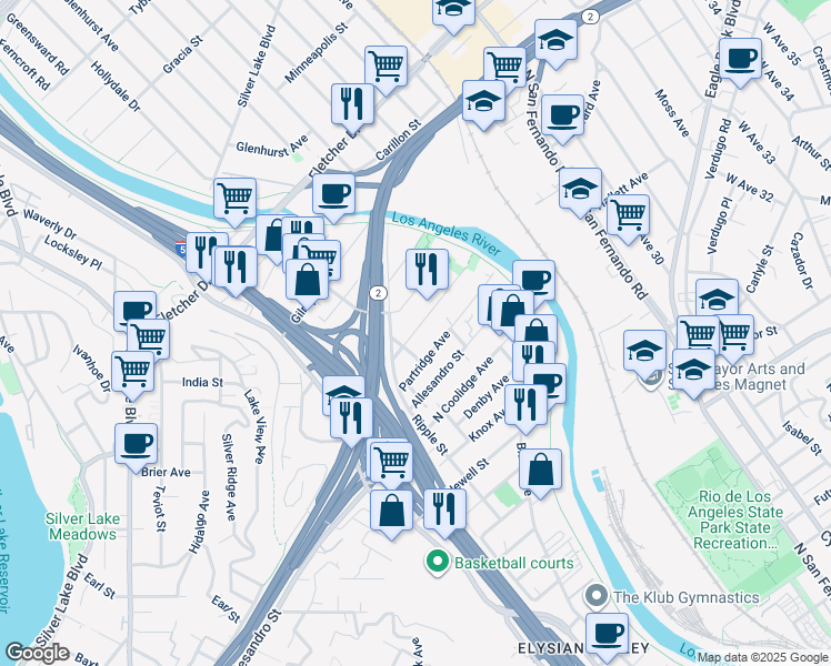 map of restaurants, bars, coffee shops, grocery stores, and more near 2833 Partridge Avenue in Los Angeles