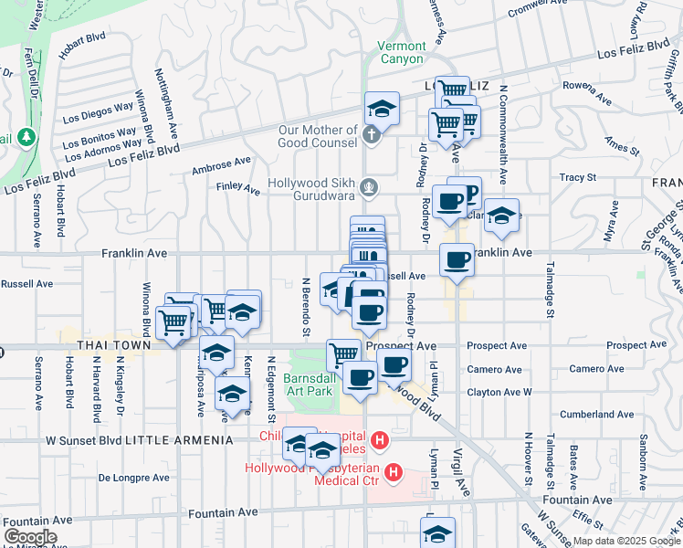 map of restaurants, bars, coffee shops, grocery stores, and more near 1818 North New Hampshire Avenue in Los Angeles