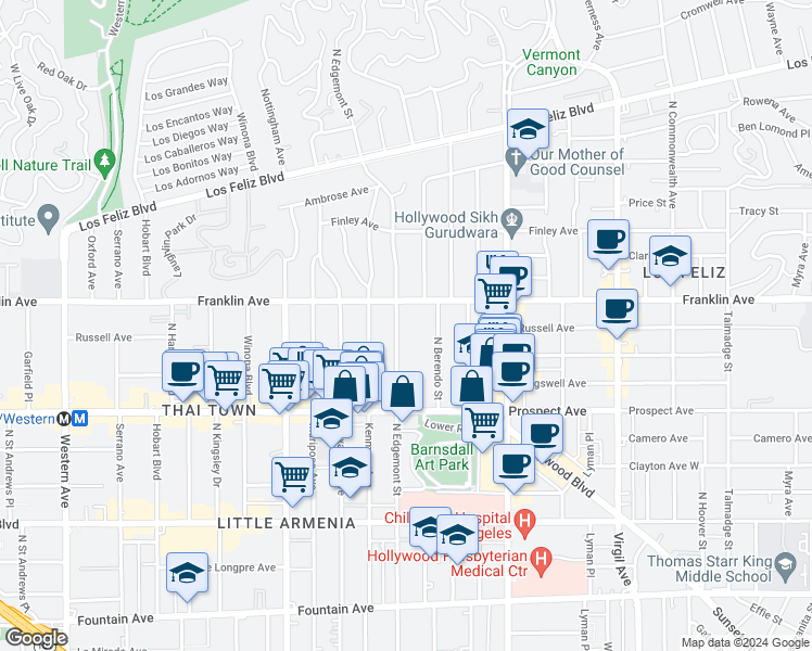 map of restaurants, bars, coffee shops, grocery stores, and more near 1814 North Edgemont Street in Los Angeles