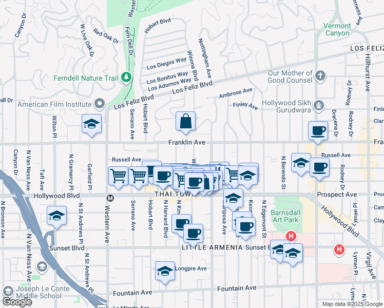 map of restaurants, bars, coffee shops, grocery stores, and more near 1820 3/4 Winona Boulevard in Los Angeles