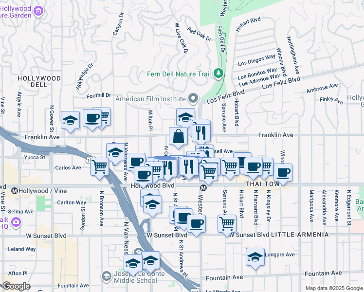 map of restaurants, bars, coffee shops, grocery stores, and more near 1817 Garfield Place in Los Angeles