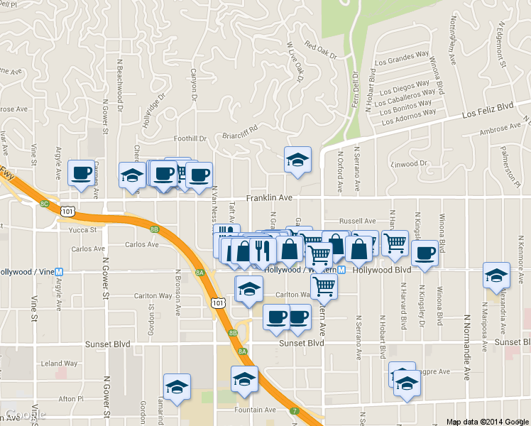 map of restaurants, bars, coffee shops, grocery stores, and more near 1825 North Gramercy Place in Los Angeles
