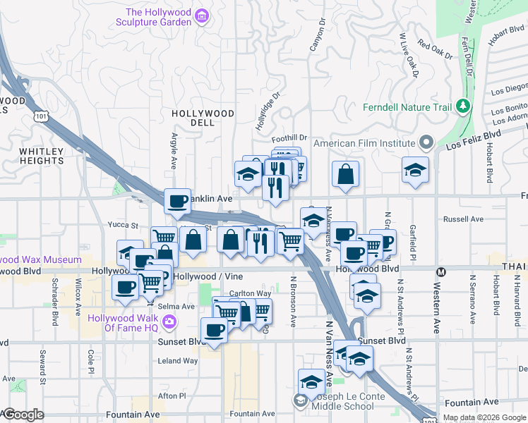 map of restaurants, bars, coffee shops, grocery stores, and more near 1811 Tamarind Avenue in Los Angeles