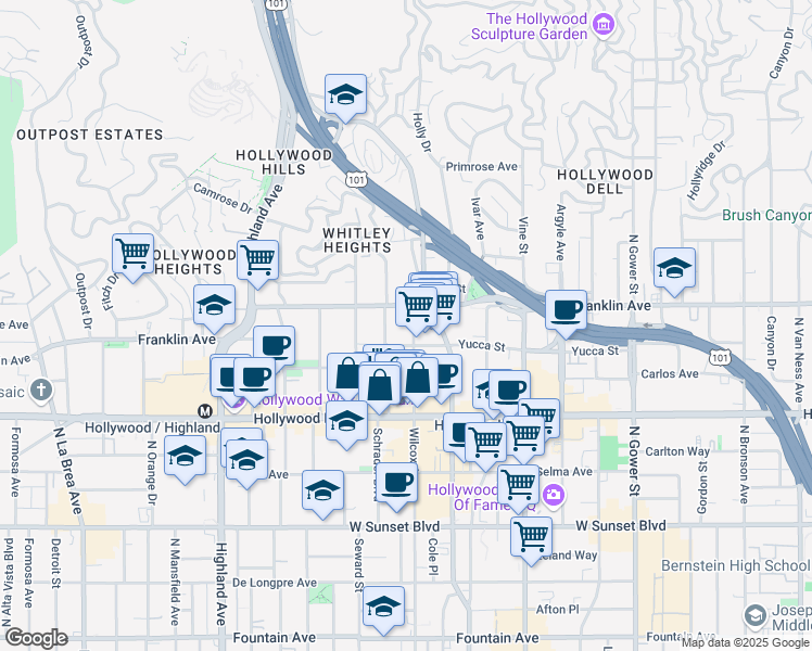 map of restaurants, bars, coffee shops, grocery stores, and more near 1492 Grace Avenue in Los Angeles