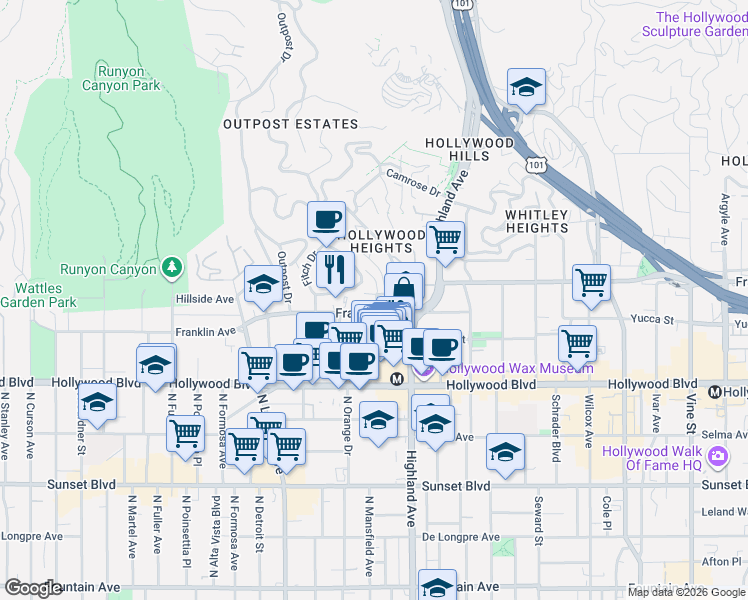 map of restaurants, bars, coffee shops, grocery stores, and more near 6918 Franklin Avenue in Los Angeles