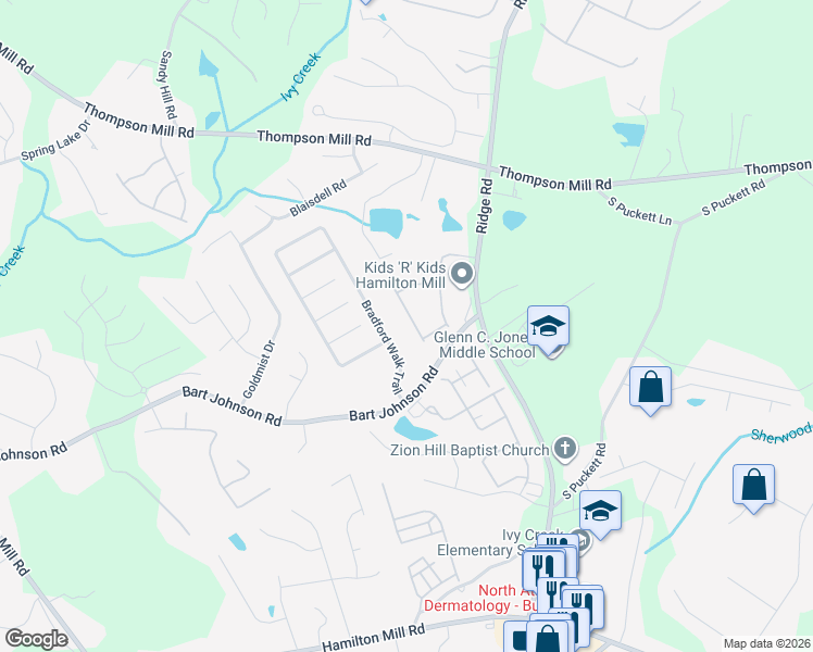 map of restaurants, bars, coffee shops, grocery stores, and more near 3726 Antares Drive in Buford