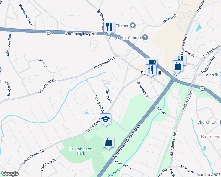 map of restaurants, bars, coffee shops, grocery stores, and more near 4055 Hill Station Court in Sugar Hill