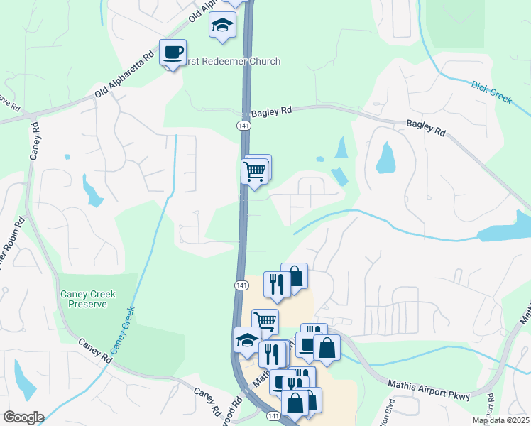 map of restaurants, bars, coffee shops, grocery stores, and more near 2285 Peachtree Parkway in Cumming