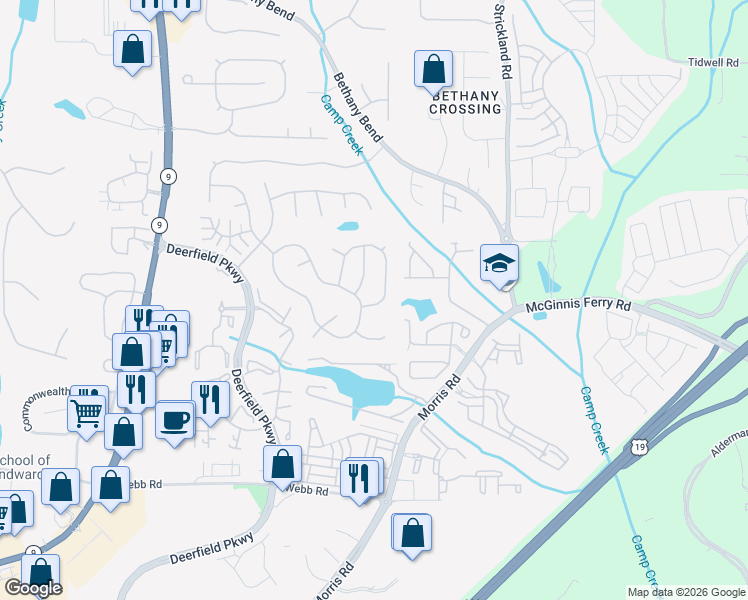 map of restaurants, bars, coffee shops, grocery stores, and more near 13646 Aventide Lane in Alpharetta