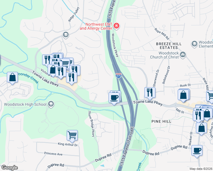 map of restaurants, bars, coffee shops, grocery stores, and more near 138 Stoneforest Drive in Woodstock