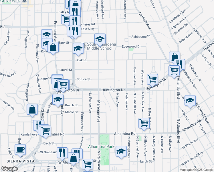 map of restaurants, bars, coffee shops, grocery stores, and more near 1711 Huntington Drive in South Pasadena