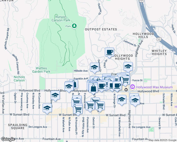 map of restaurants, bars, coffee shops, grocery stores, and more near North La Brea Avenue & Hillside Avenue in Los Angeles
