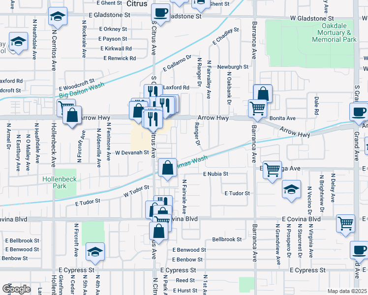 map of restaurants, bars, coffee shops, grocery stores, and more near 231 East Stephanie Drive in Covina