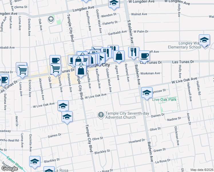 map of restaurants, bars, coffee shops, grocery stores, and more near 5709 Golden West Avenue in Temple City