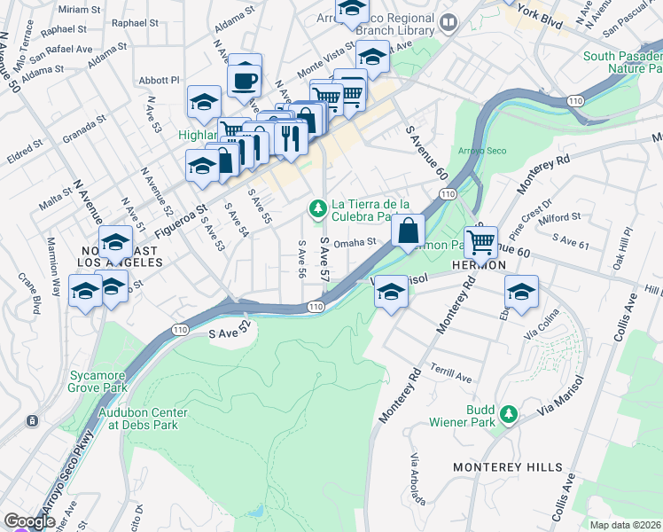map of restaurants, bars, coffee shops, grocery stores, and more near 327 South Avenue 57 in Los Angeles