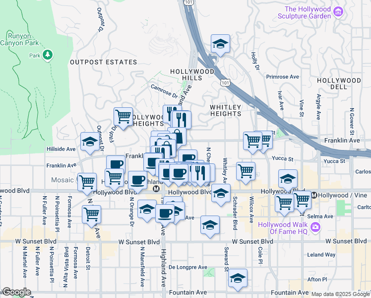 map of restaurants, bars, coffee shops, grocery stores, and more near 1825 North Las Palmas Avenue in Los Angeles