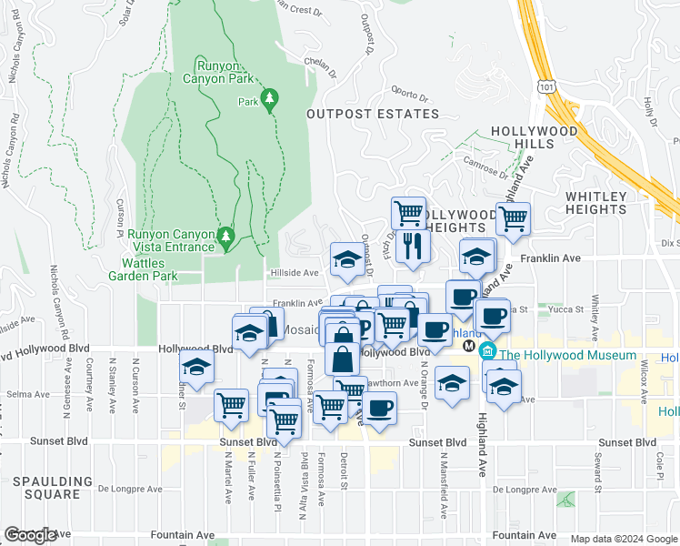 map of restaurants, bars, coffee shops, grocery stores, and more near 1823 El Cerrito Place in Los Angeles