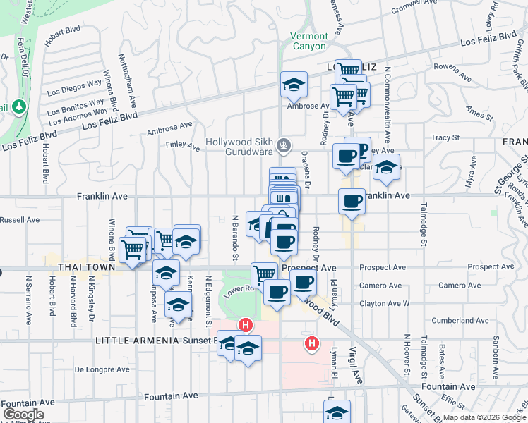 map of restaurants, bars, coffee shops, grocery stores, and more near 1836 North New Hampshire Avenue in Los Angeles