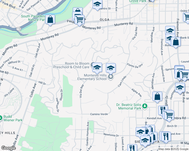 map of restaurants, bars, coffee shops, grocery stores, and more near 1678 Vía Del Rey in South Pasadena