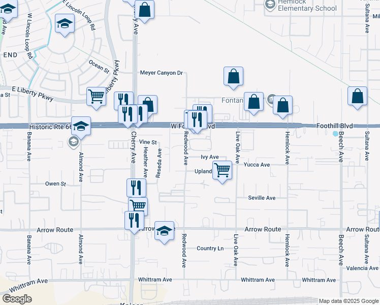 map of restaurants, bars, coffee shops, grocery stores, and more near 8203 Redwood Avenue in Fontana