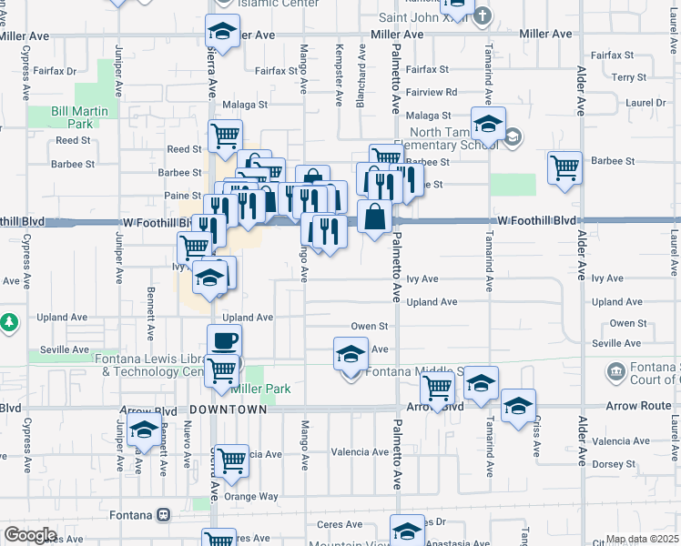 map of restaurants, bars, coffee shops, grocery stores, and more near 17143 Ivy Avenue in Fontana