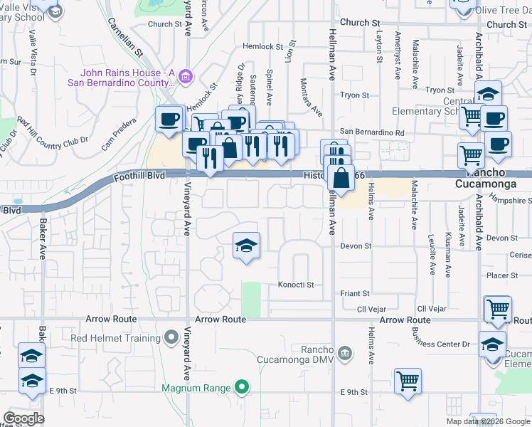 map of restaurants, bars, coffee shops, grocery stores, and more near 8243 Avenida Leon in Rancho Cucamonga