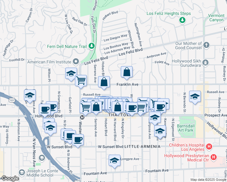 map of restaurants, bars, coffee shops, grocery stores, and more near 1834 North Harvard Boulevard in Los Angeles