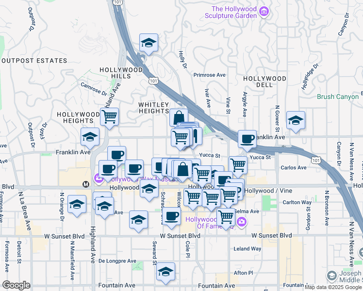 map of restaurants, bars, coffee shops, grocery stores, and more near 1822 Wilcox Avenue in Los Angeles