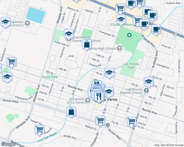 map of restaurants, bars, coffee shops, grocery stores, and more near 1990 7th Street in La Verne