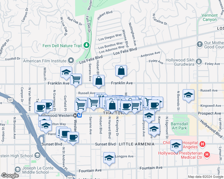 map of restaurants, bars, coffee shops, grocery stores, and more near 1837 North Kingsley Drive in Los Angeles