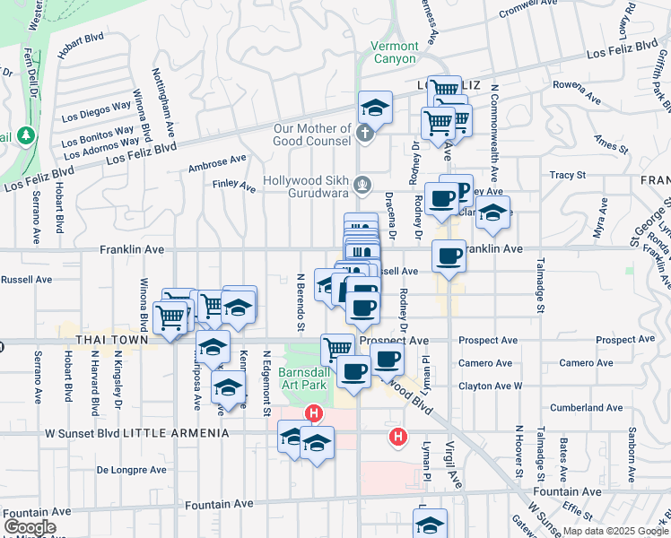 map of restaurants, bars, coffee shops, grocery stores, and more near 1818 North New Hampshire Avenue in Los Angeles
