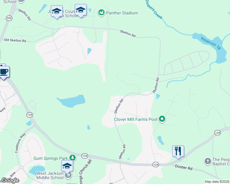 map of restaurants, bars, coffee shops, grocery stores, and more near 565 Skelton Road in Hoschton