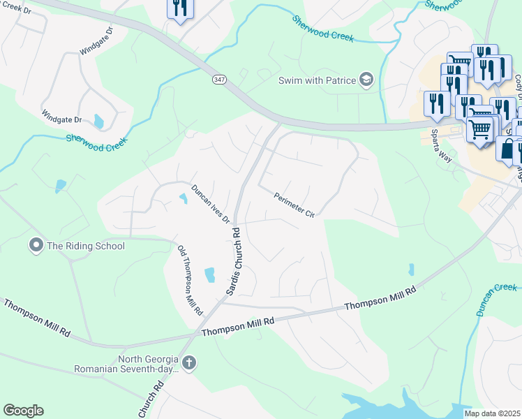 map of restaurants, bars, coffee shops, grocery stores, and more near 3374 Tuggle Park Road in Buford