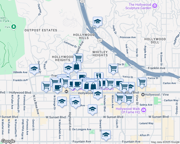 map of restaurants, bars, coffee shops, grocery stores, and more near 1825 North Cherokee Avenue in Los Angeles
