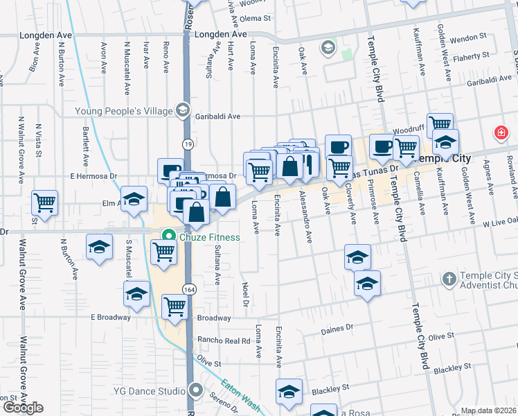 map of restaurants, bars, coffee shops, grocery stores, and more near 5756 Loma Avenue in Temple City