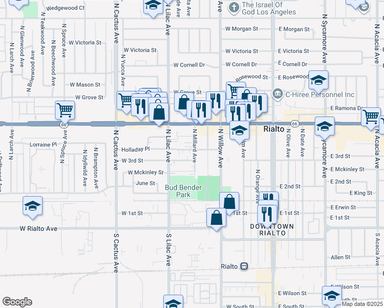 map of restaurants, bars, coffee shops, grocery stores, and more near 229 North Millard Avenue in Rialto