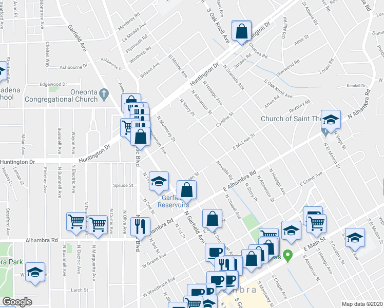 map of restaurants, bars, coffee shops, grocery stores, and more near 812 North Monterey Street in Alhambra