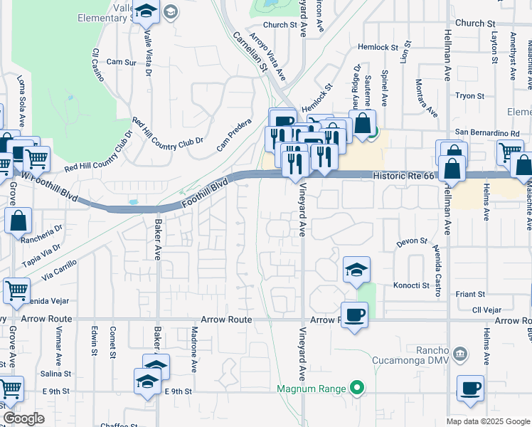 map of restaurants, bars, coffee shops, grocery stores, and more near 8250 Vineyard Avenue in Rancho Cucamonga