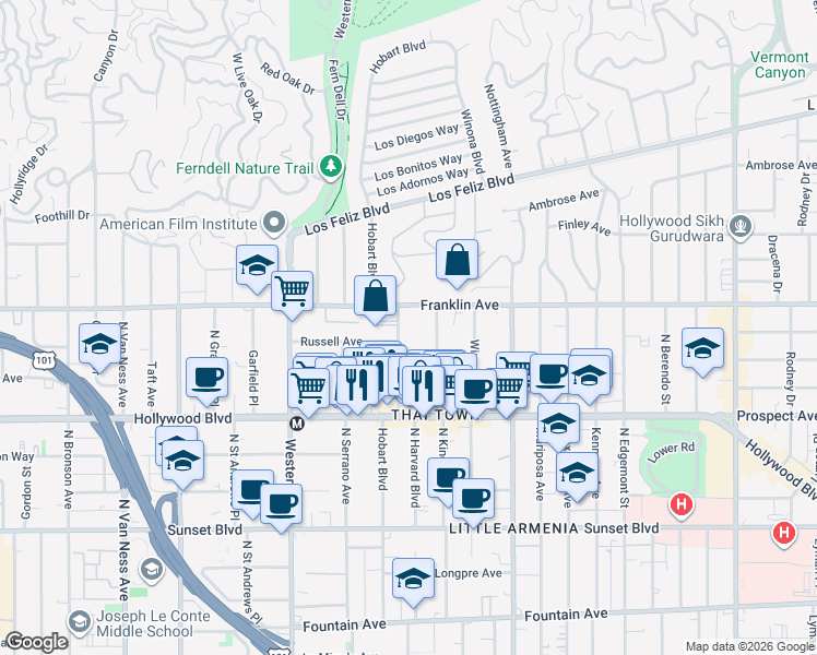 map of restaurants, bars, coffee shops, grocery stores, and more near 1834 North Harvard Boulevard in Los Angeles