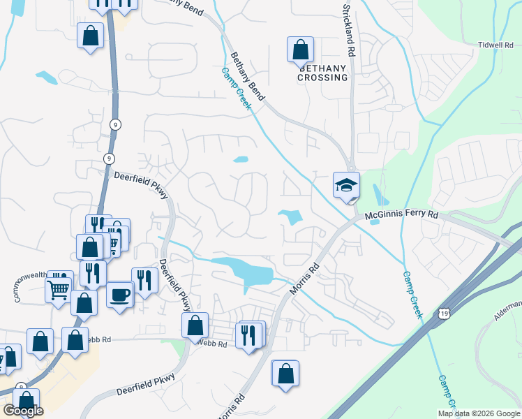 map of restaurants, bars, coffee shops, grocery stores, and more near 13497 Aventide Lane in Alpharetta