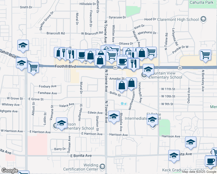 map of restaurants, bars, coffee shops, grocery stores, and more near 3321 Duke Avenue in Claremont